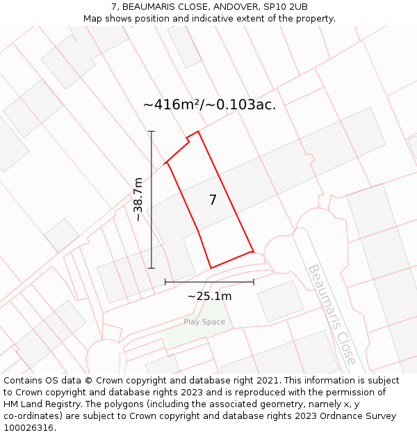 7, BEAUMARIS CLOSE, ANDOVER, SP10 2UB: Plot and title map