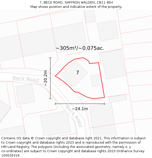 7, BECK ROAD, SAFFRON WALDEN, CB11 4EH: Plot and title map