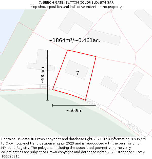 7, BEECH GATE, SUTTON COLDFIELD, B74 3AR: Plot and title map