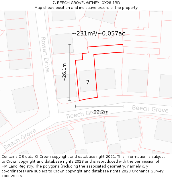 7, BEECH GROVE, WITNEY, OX28 1BD: Plot and title map