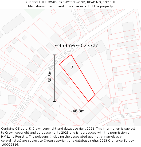 7, BEECH HILL ROAD, SPENCERS WOOD, READING, RG7 1HL: Plot and title map