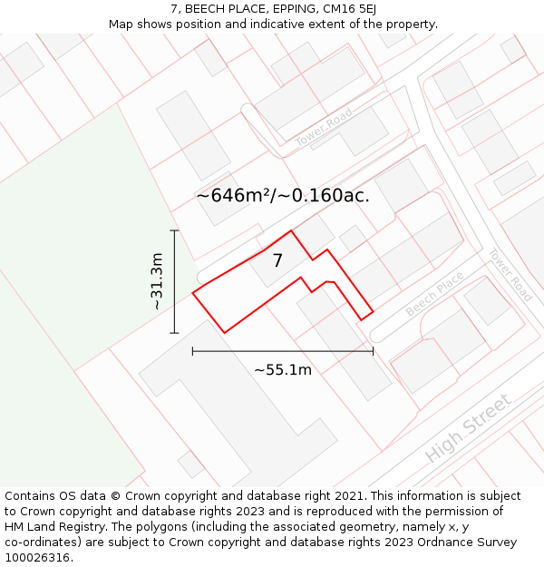 7, BEECH PLACE, EPPING, CM16 5EJ: Plot and title map