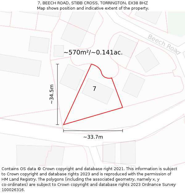 7, BEECH ROAD, STIBB CROSS, TORRINGTON, EX38 8HZ: Plot and title map