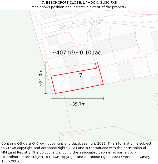 7, BEECHCROFT CLOSE, LIPHOOK, GU30 7XB: Plot and title map