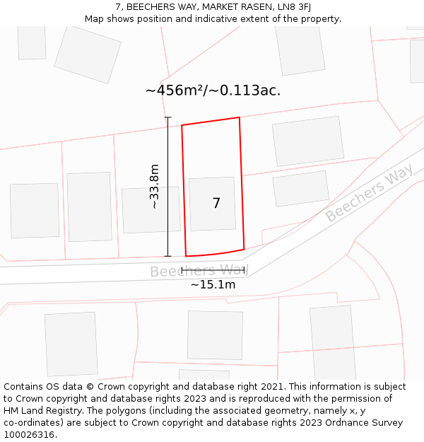 7, BEECHERS WAY, MARKET RASEN, LN8 3FJ: Plot and title map