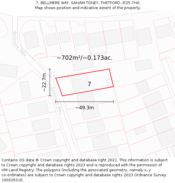 7, BELLMERE WAY, SAHAM TONEY, THETFORD, IP25 7HA: Plot and title map