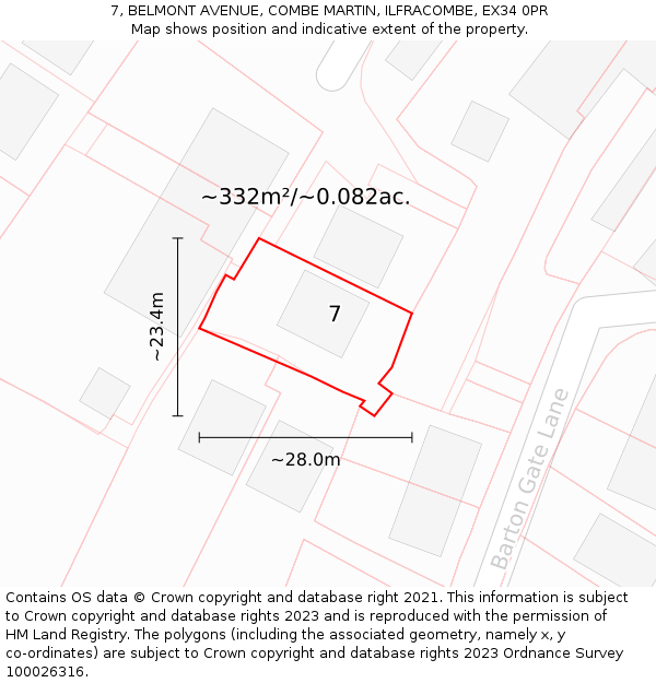 7, BELMONT AVENUE, COMBE MARTIN, ILFRACOMBE, EX34 0PR: Plot and title map