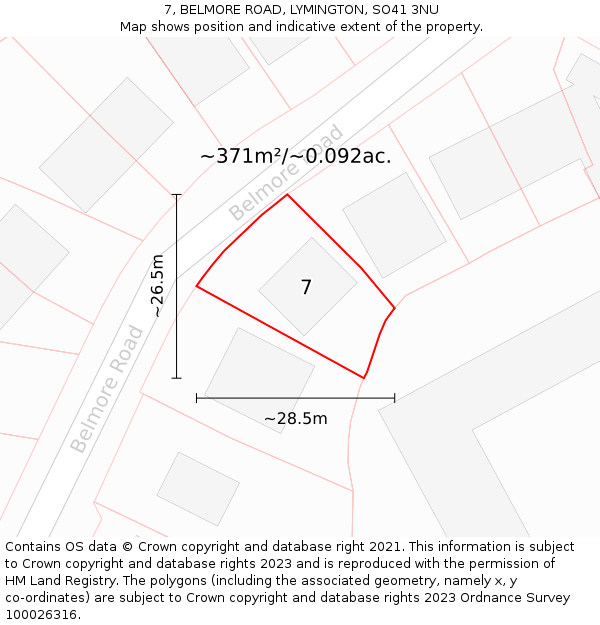 7, BELMORE ROAD, LYMINGTON, SO41 3NU: Plot and title map