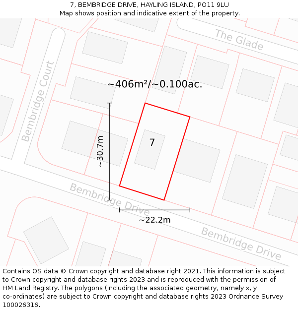 7, BEMBRIDGE DRIVE, HAYLING ISLAND, PO11 9LU: Plot and title map