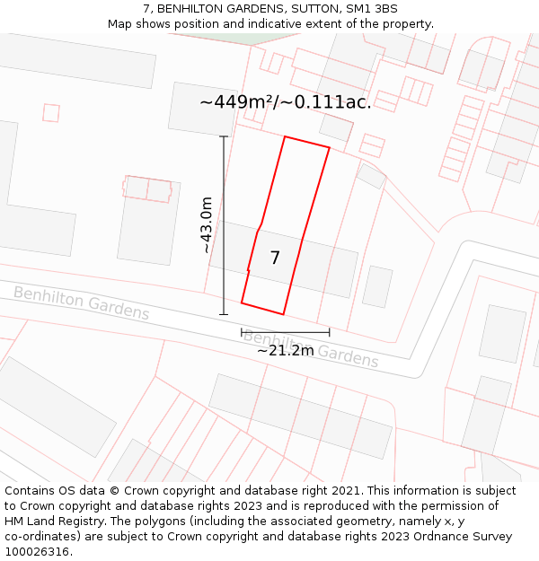 7, BENHILTON GARDENS, SUTTON, SM1 3BS: Plot and title map