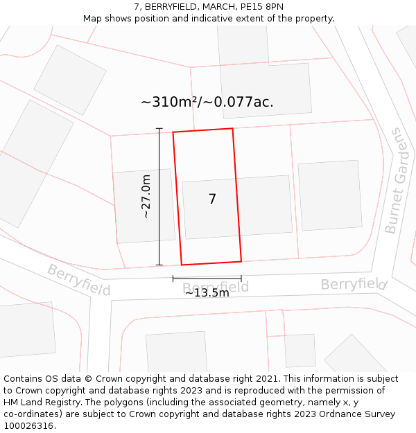 7, BERRYFIELD, MARCH, PE15 8PN: Plot and title map