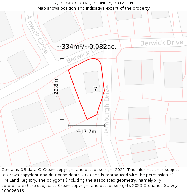 7, BERWICK DRIVE, BURNLEY, BB12 0TN: Plot and title map