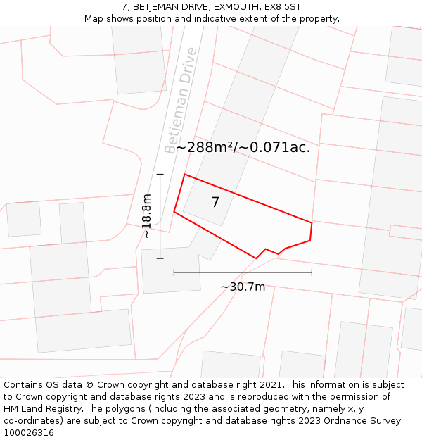 7, BETJEMAN DRIVE, EXMOUTH, EX8 5ST: Plot and title map