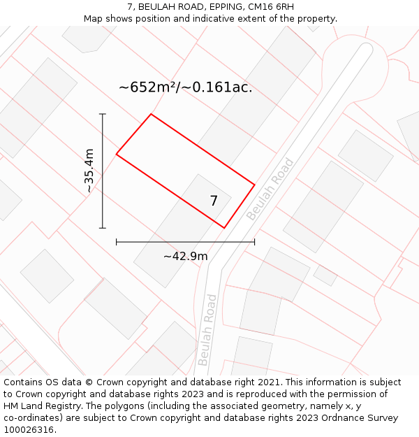 7, BEULAH ROAD, EPPING, CM16 6RH: Plot and title map