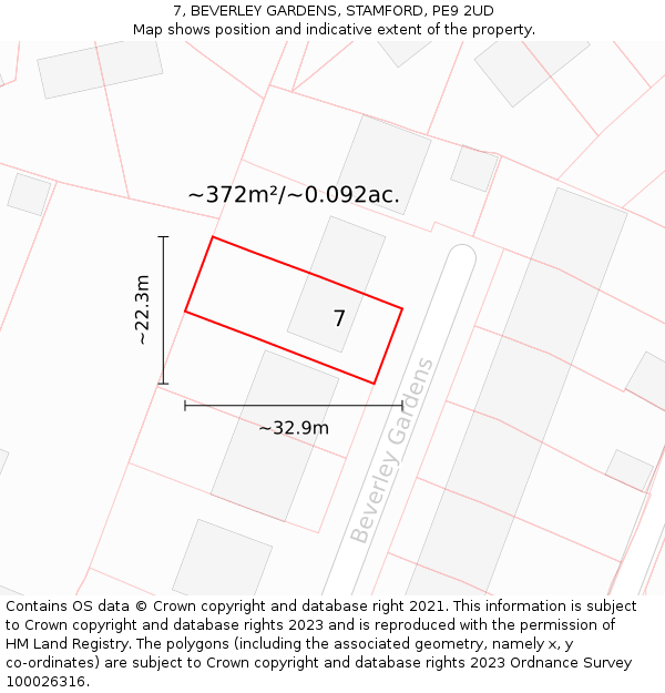 7, BEVERLEY GARDENS, STAMFORD, PE9 2UD: Plot and title map