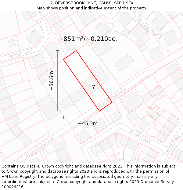 7, BEVERSBROOK LANE, CALNE, SN11 9EX: Plot and title map