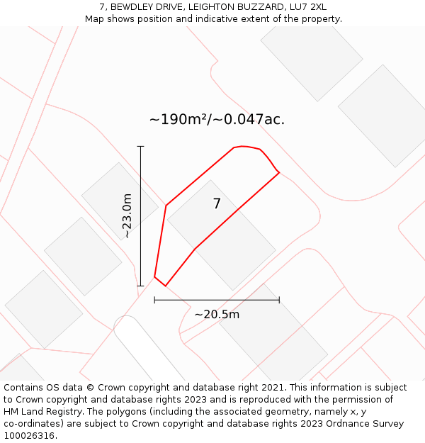 7, BEWDLEY DRIVE, LEIGHTON BUZZARD, LU7 2XL: Plot and title map