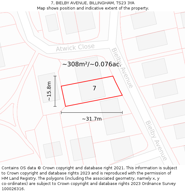 7, BIELBY AVENUE, BILLINGHAM, TS23 3YA: Plot and title map