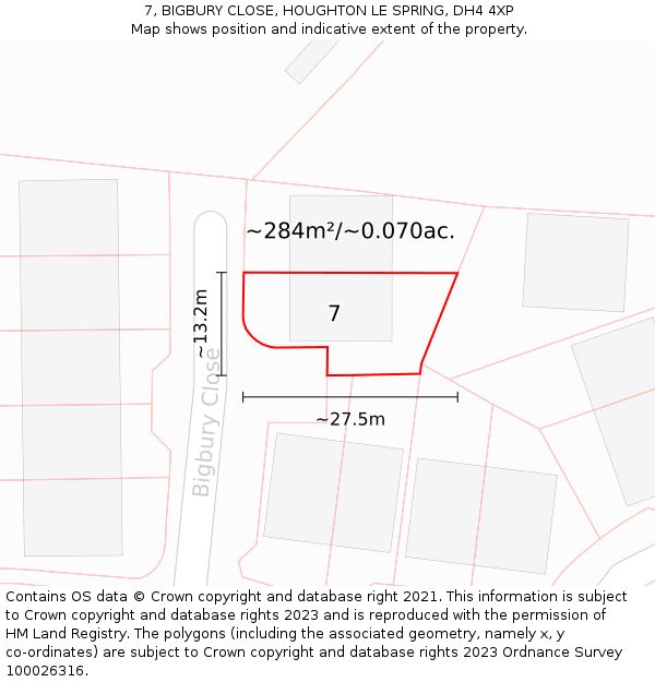 7, BIGBURY CLOSE, HOUGHTON LE SPRING, DH4 4XP: Plot and title map