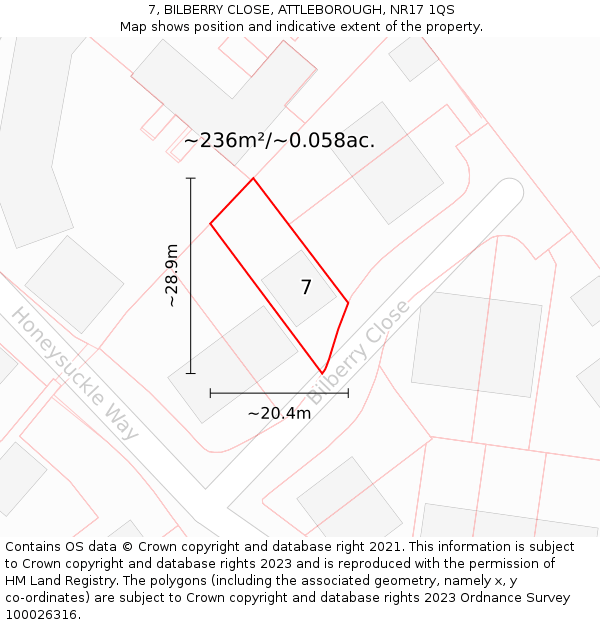 7, BILBERRY CLOSE, ATTLEBOROUGH, NR17 1QS: Plot and title map