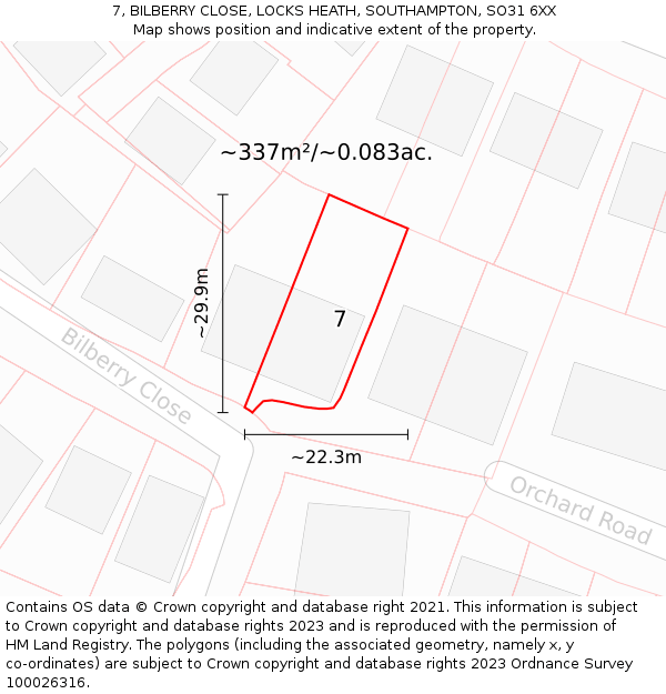 7, BILBERRY CLOSE, LOCKS HEATH, SOUTHAMPTON, SO31 6XX: Plot and title map