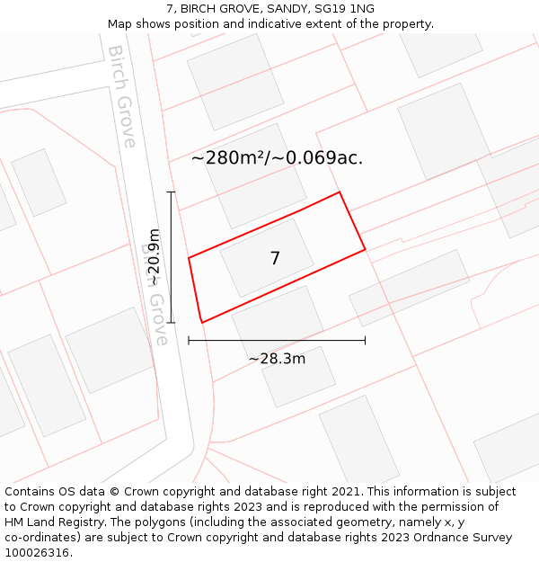 7, BIRCH GROVE, SANDY, SG19 1NG: Plot and title map