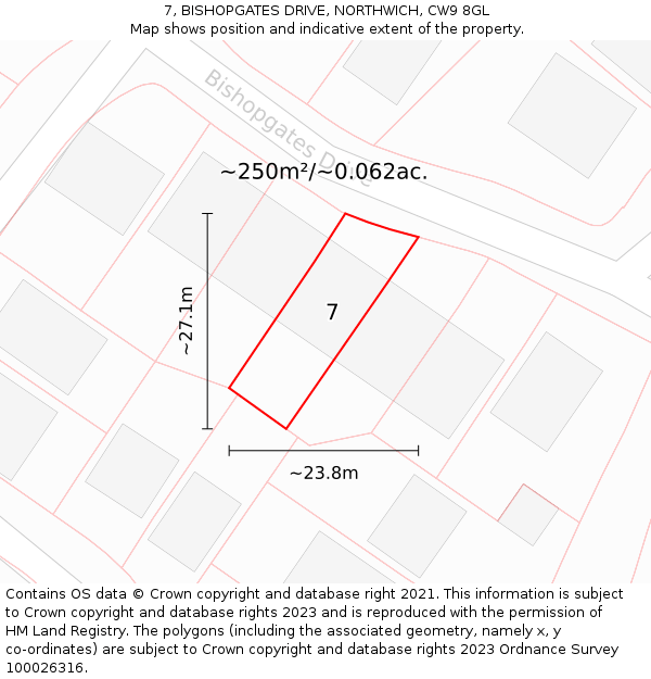 7, BISHOPGATES DRIVE, NORTHWICH, CW9 8GL: Plot and title map