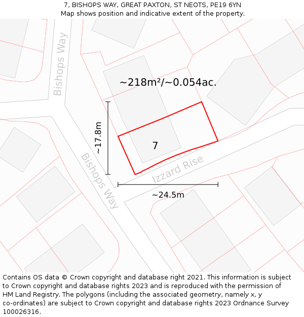 7, BISHOPS WAY, GREAT PAXTON, ST NEOTS, PE19 6YN: Plot and title map