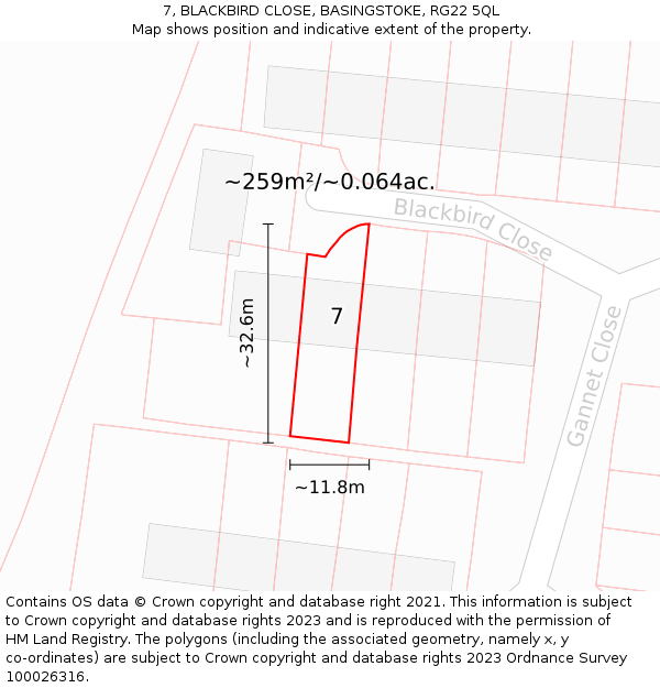 7, BLACKBIRD CLOSE, BASINGSTOKE, RG22 5QL: Plot and title map