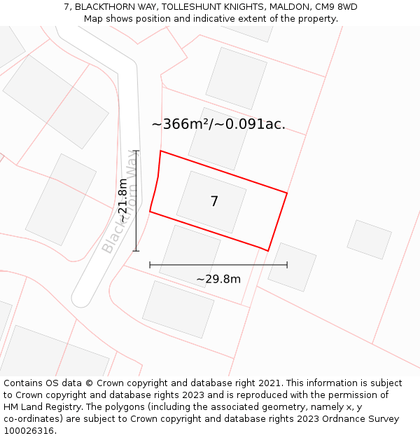 7, BLACKTHORN WAY, TOLLESHUNT KNIGHTS, MALDON, CM9 8WD: Plot and title map