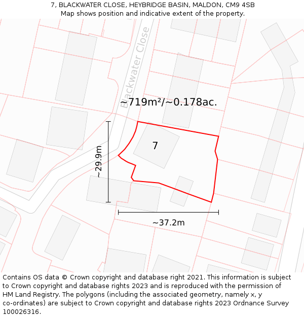 7, BLACKWATER CLOSE, HEYBRIDGE BASIN, MALDON, CM9 4SB: Plot and title map