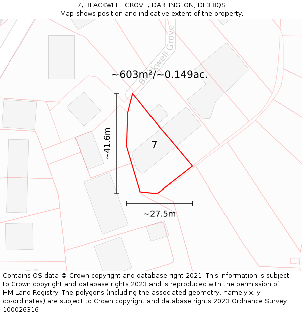 7, BLACKWELL GROVE, DARLINGTON, DL3 8QS: Plot and title map