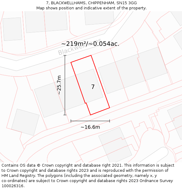 7, BLACKWELLHAMS, CHIPPENHAM, SN15 3GG: Plot and title map