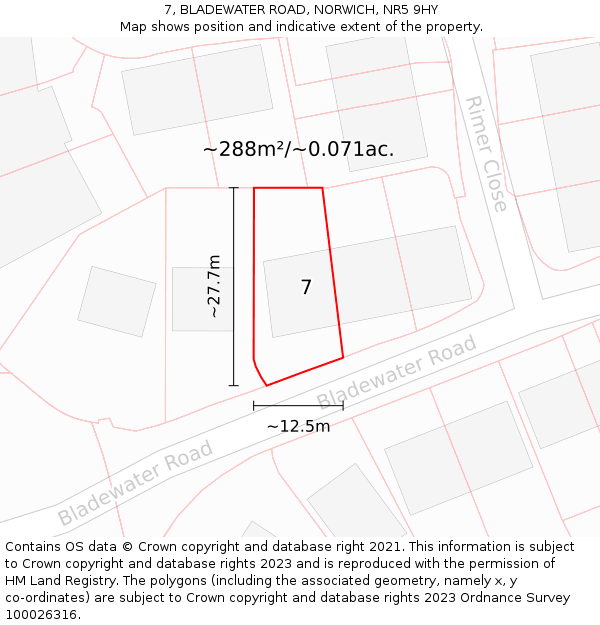 7, BLADEWATER ROAD, NORWICH, NR5 9HY: Plot and title map
