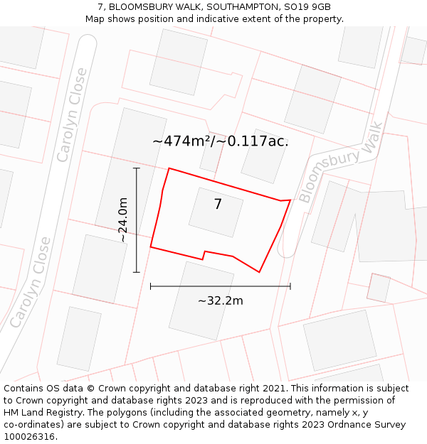 7, BLOOMSBURY WALK, SOUTHAMPTON, SO19 9GB: Plot and title map