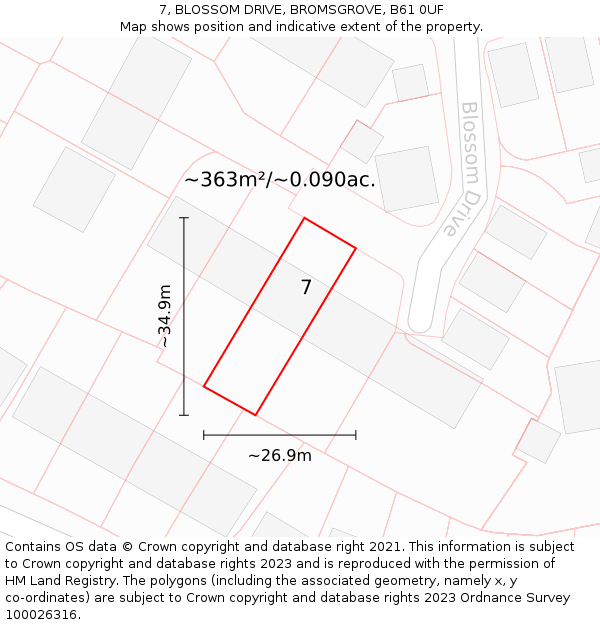 7, BLOSSOM DRIVE, BROMSGROVE, B61 0UF: Plot and title map