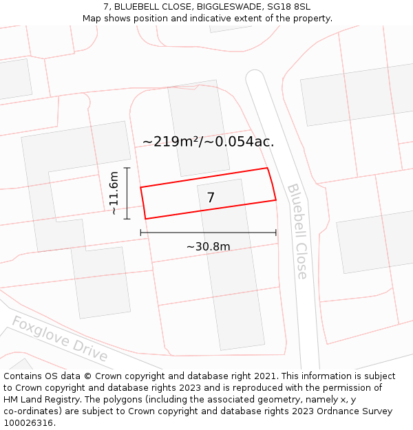 7, BLUEBELL CLOSE, BIGGLESWADE, SG18 8SL: Plot and title map