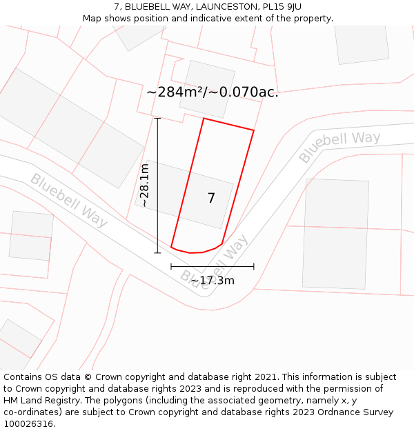 7, BLUEBELL WAY, LAUNCESTON, PL15 9JU: Plot and title map