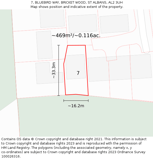 7, BLUEBIRD WAY, BRICKET WOOD, ST ALBANS, AL2 3UH: Plot and title map