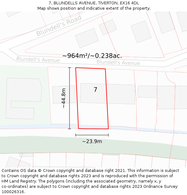 7, BLUNDELLS AVENUE, TIVERTON, EX16 4DL: Plot and title map