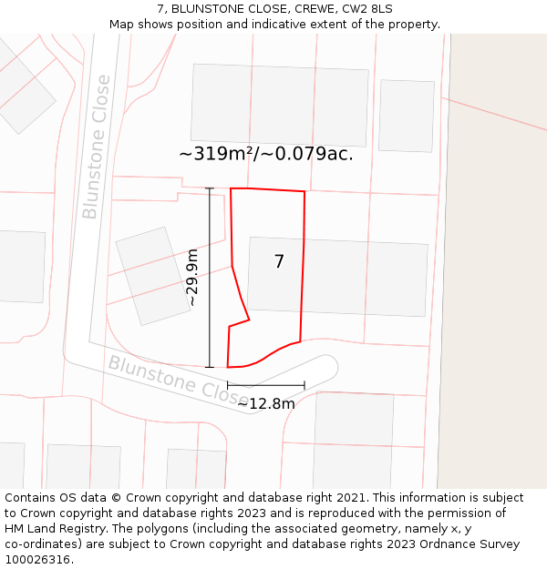 7, BLUNSTONE CLOSE, CREWE, CW2 8LS: Plot and title map