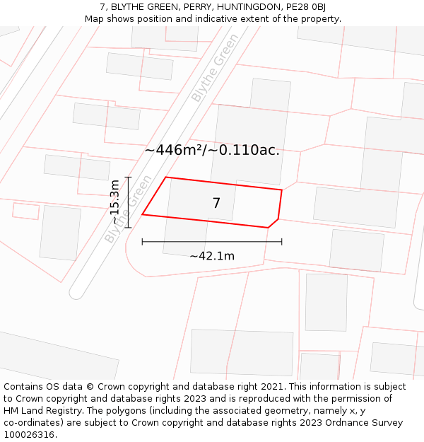 7, BLYTHE GREEN, PERRY, HUNTINGDON, PE28 0BJ: Plot and title map