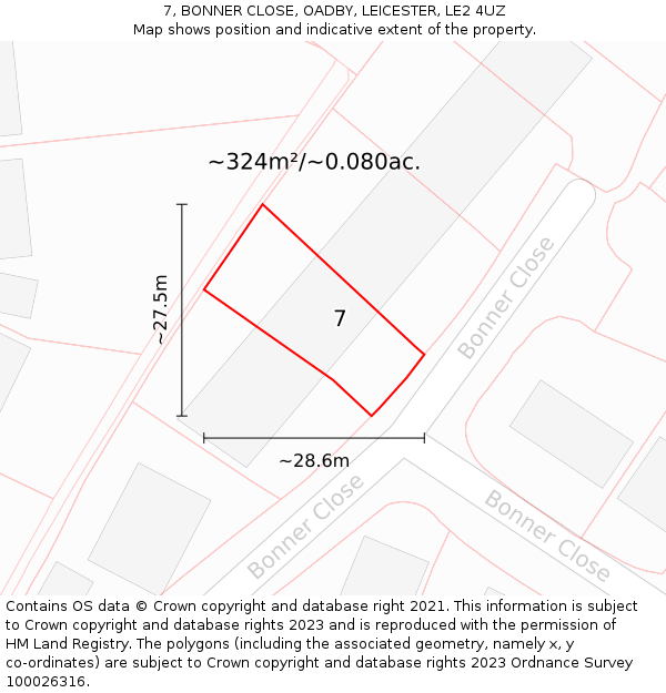 7, BONNER CLOSE, OADBY, LEICESTER, LE2 4UZ: Plot and title map