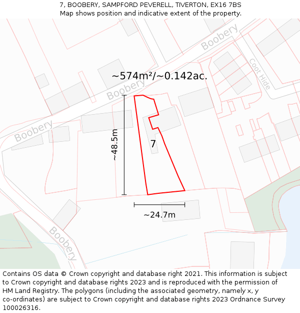 7, BOOBERY, SAMPFORD PEVERELL, TIVERTON, EX16 7BS: Plot and title map