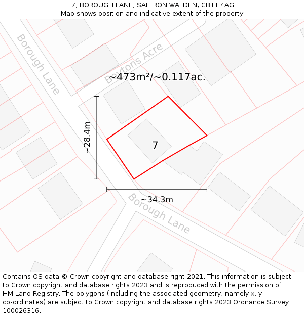 7, BOROUGH LANE, SAFFRON WALDEN, CB11 4AG: Plot and title map