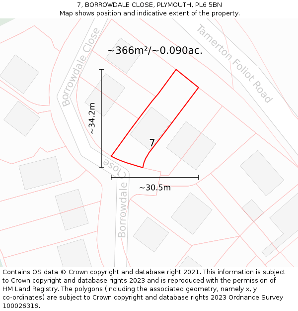 7, BORROWDALE CLOSE, PLYMOUTH, PL6 5BN: Plot and title map