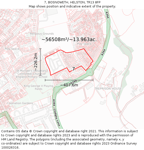 7, BOSNOWETH, HELSTON, TR13 8FP: Plot and title map