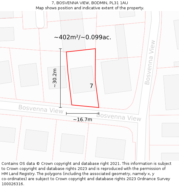 7, BOSVENNA VIEW, BODMIN, PL31 1AU: Plot and title map