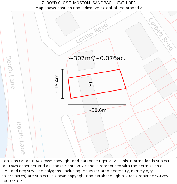 7, BOYD CLOSE, MOSTON, SANDBACH, CW11 3ER: Plot and title map