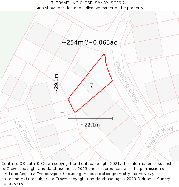 7, BRAMBLING CLOSE, SANDY, SG19 2UJ: Plot and title map